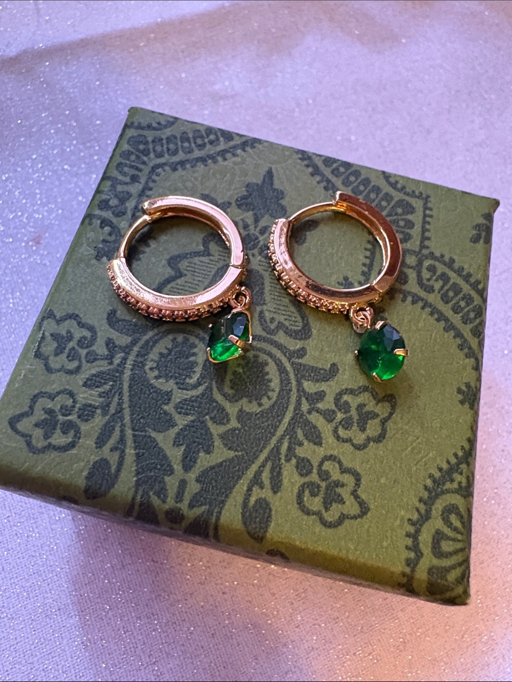 Gold Hoop Earrings with Green Gem Dangles